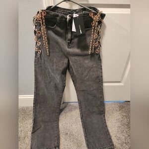 Fashion Nova Black Straight Leg Jeans with Chain Accents